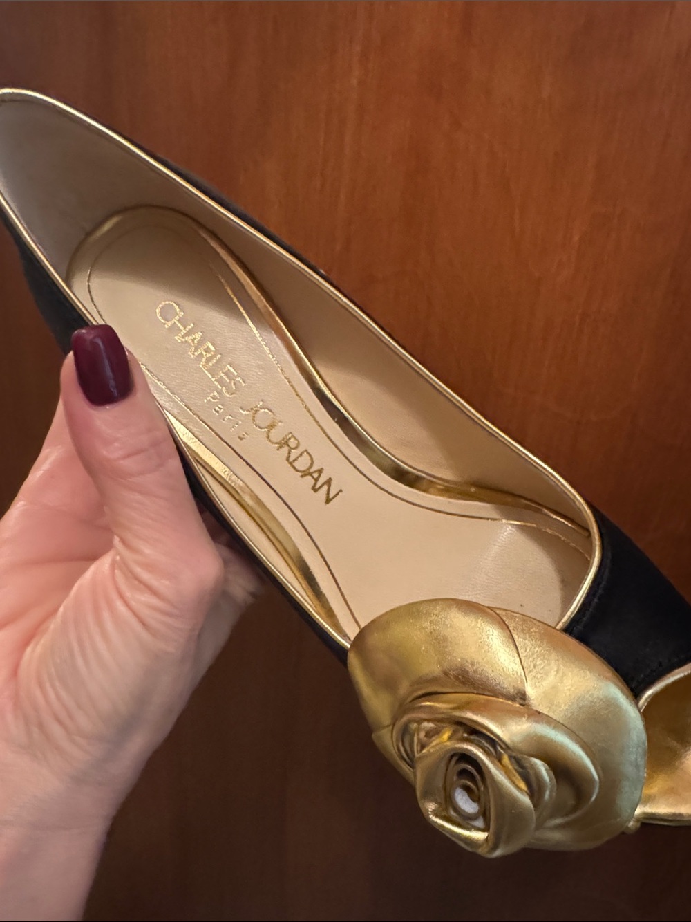Charles Jourdan Black Pumps with Gold Rose Accent